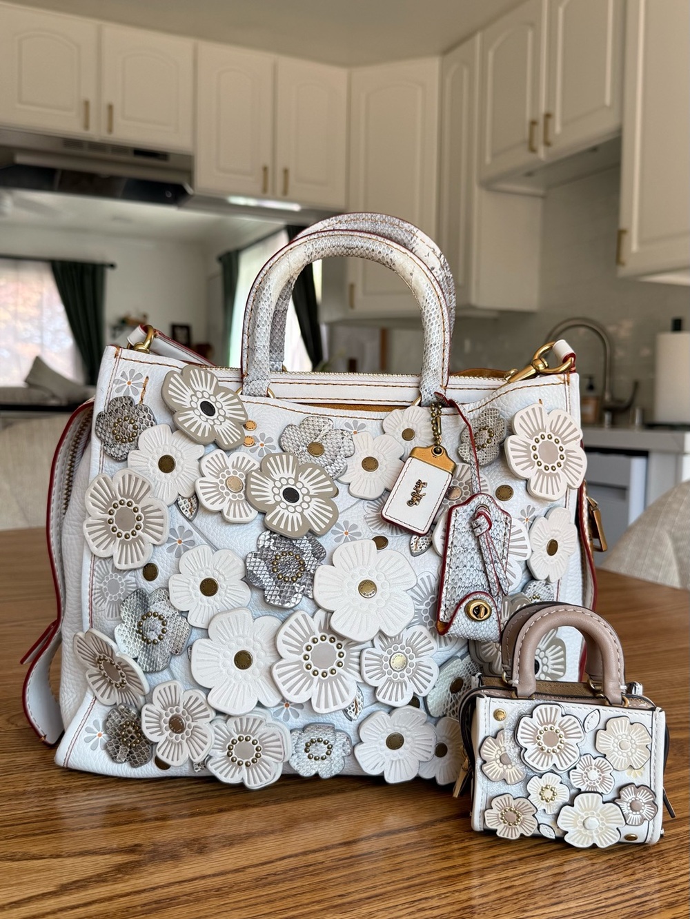 Coach 1941 Rogue 30 Tea Rose Snakeskin Handbag Chalk White with Mini Bag Charm
